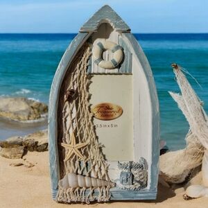 Vtg Treasured Times Fishing Boat Picture Frame Shell Starfish Net 3.5 x 5 Basket